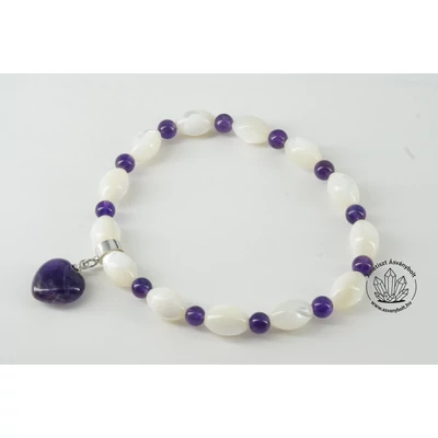 Gyöngyház rizsszem karkötő ametiszt szívvel