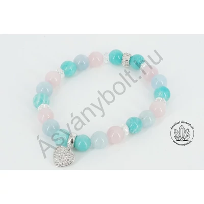 Amazonit akvamarin rózsakvarc 8-as karkötő szív függővel