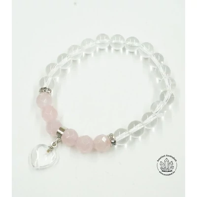 Hegyikristály-rózsakvarc karkötő szív függővel