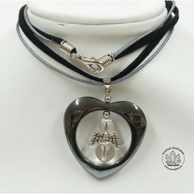 Hematit szívben hegyikristály angyalka bőrláncon