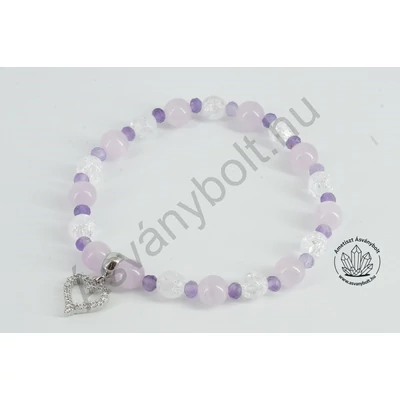 Kunzit repesztett hegyikristály 6-os karkötő lyukas szív függővel