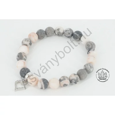 Zebra mészkő matt 8-as karkötő lyukas szív függővel