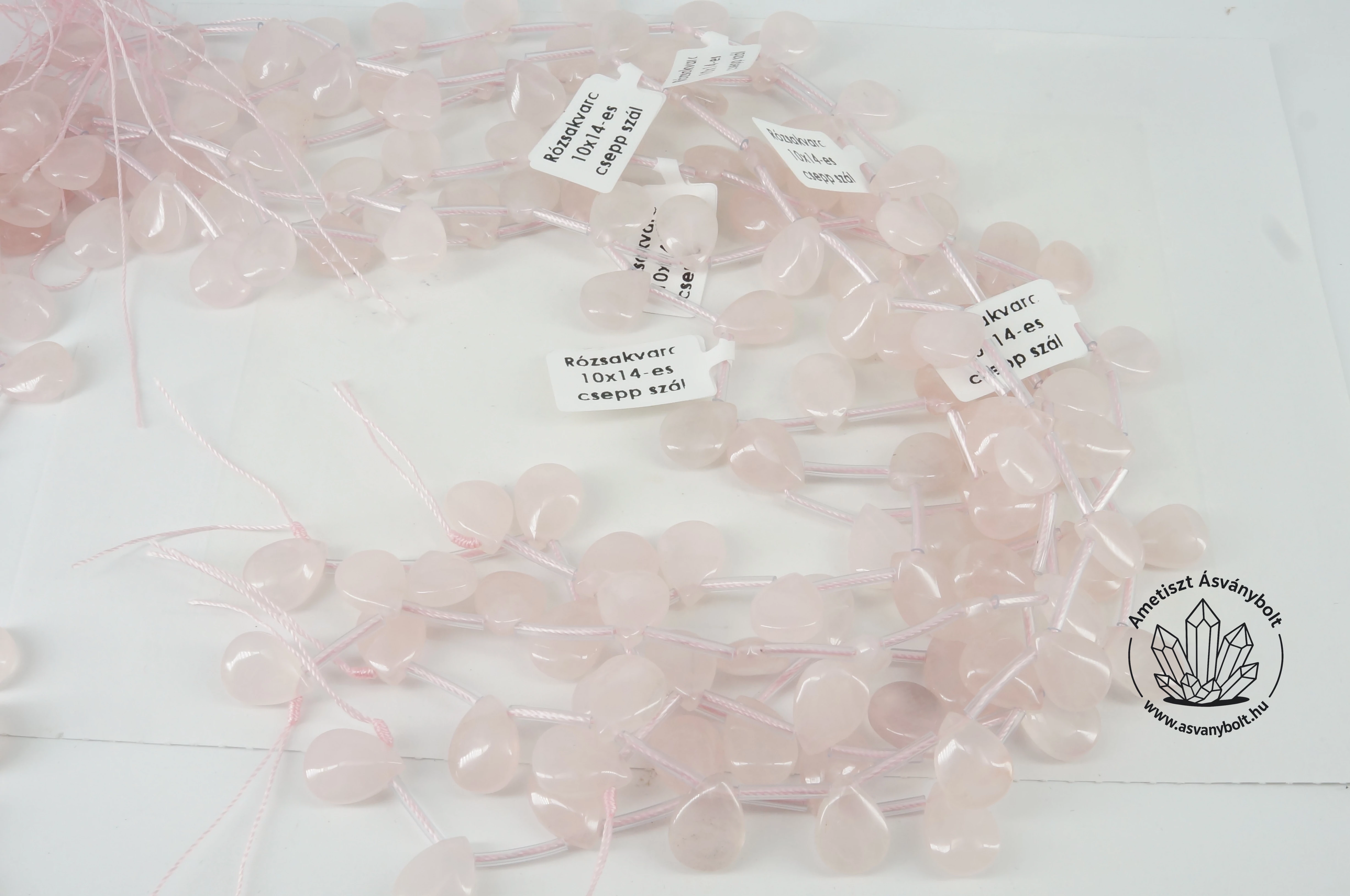 Rózsakvarc 10x14-es csepp szál