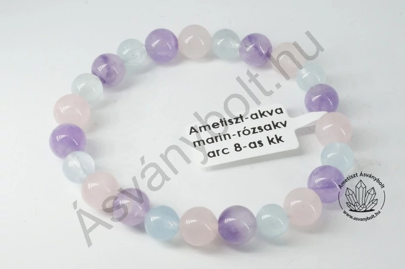 Ametiszt-akvamarin-rózsakvarc 8-as golyós karkötő