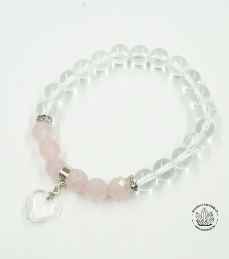 Hegyikristály-rózsakvarc karkötő szív függővel