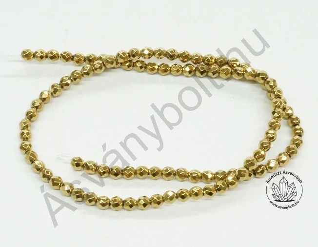 Hematit aranyos fazettált 4 mm-es golyós szál