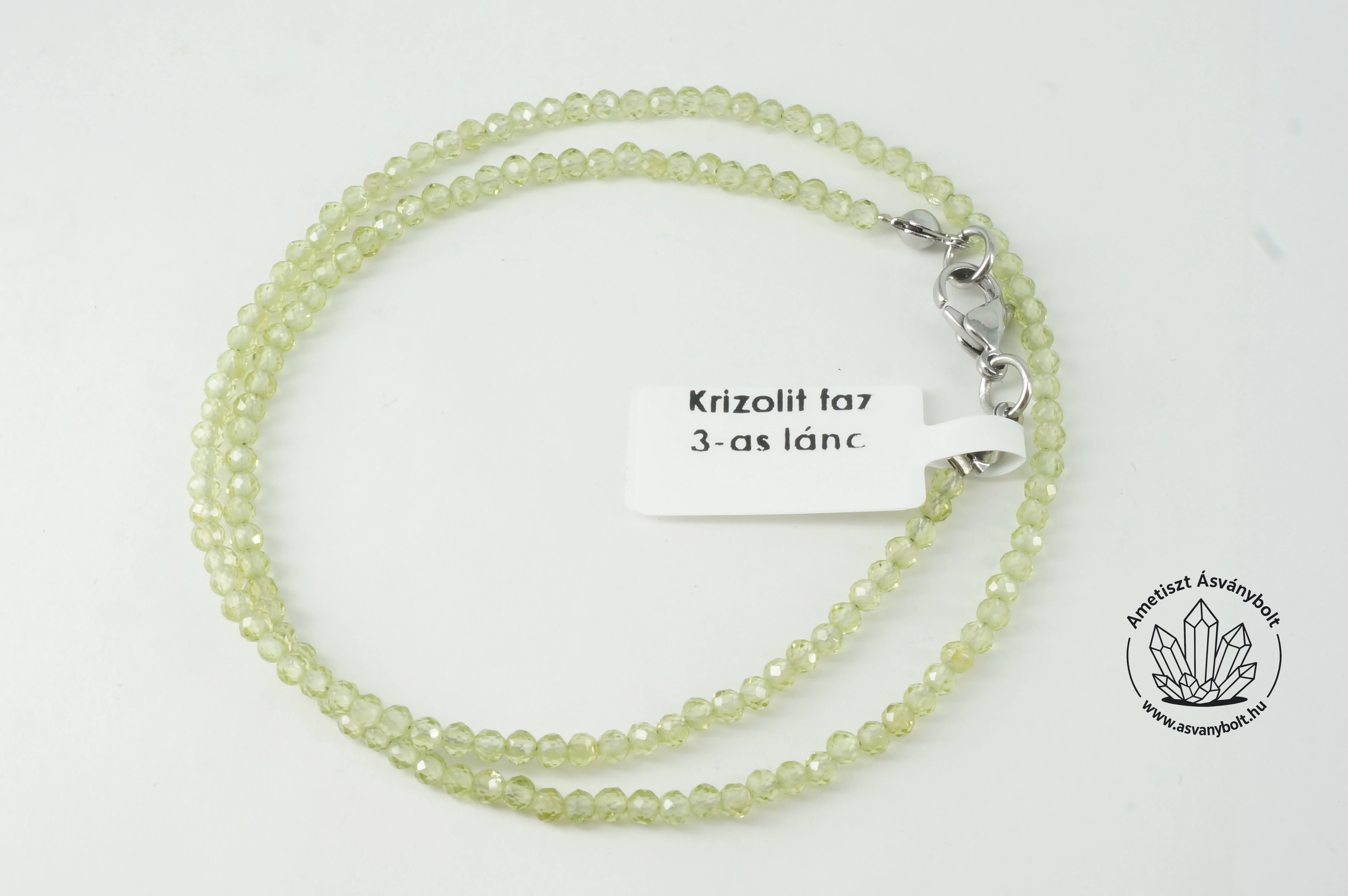 Krizolit fazettált 3 mm-es golyós lánc