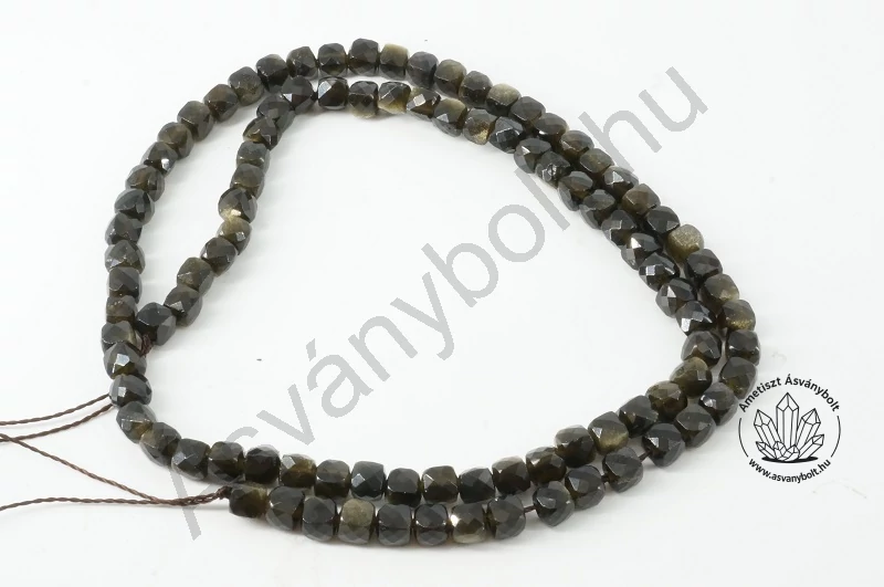 Obszidián ezüst 4 mm fazettált kocka szál