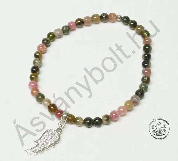 Turmalin 4-es golyós karkötő angyalszárny függővel